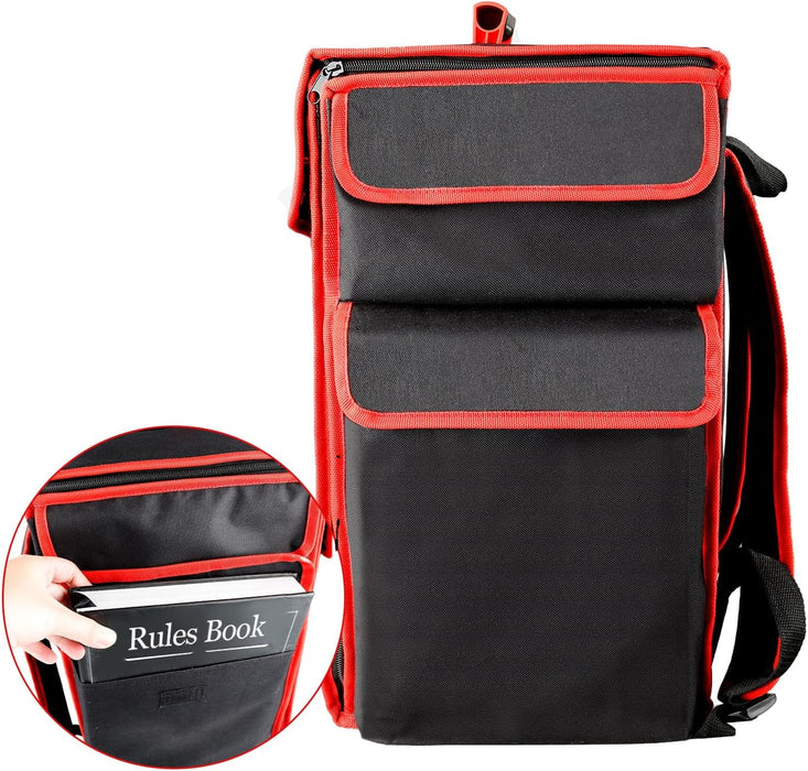 Large pocket for holding rule books.
