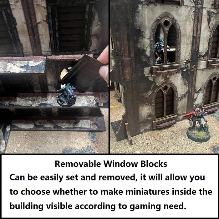 Removable window blocks allow you to choose whether to make miniatures inside the building visible according to gaming need.