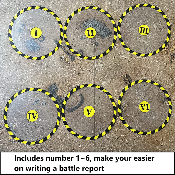 This markers compatible with WH40k 9E. Distance from edge to center circle is 3 Inches.