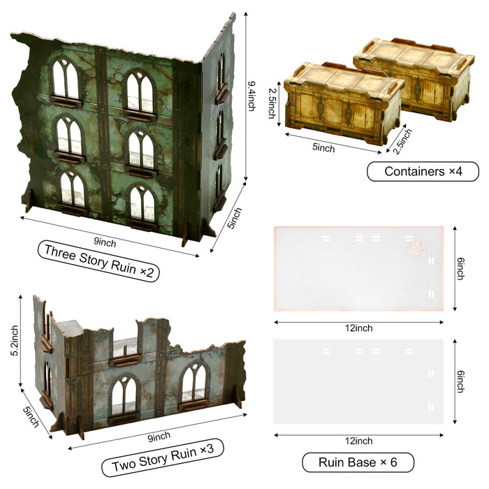 Include 2* three story ruin+4*containers+3*two story ruin+6*ruin base.