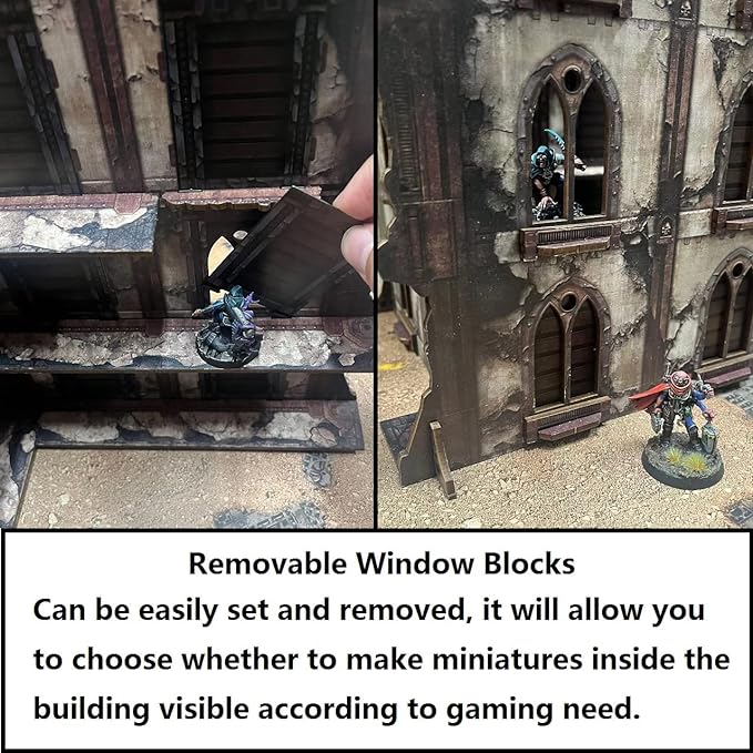 Removable window blocks allow you to choose whether to make miniatures inside the building visible according to gaming need.