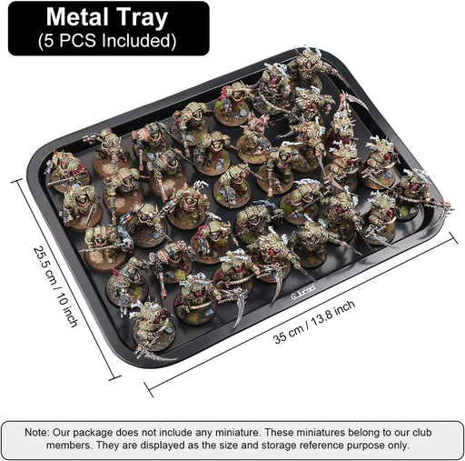 Includes 5 metal trays that attach by magnets to hold miniatures stable.