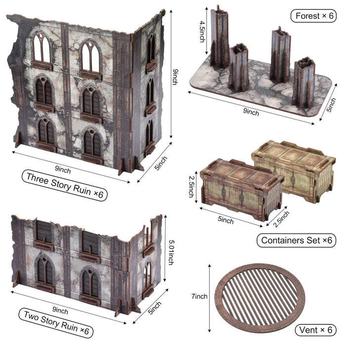 Include 6* three story ruin+6*Forest+6*containers set+6*two story ruin+6*vent